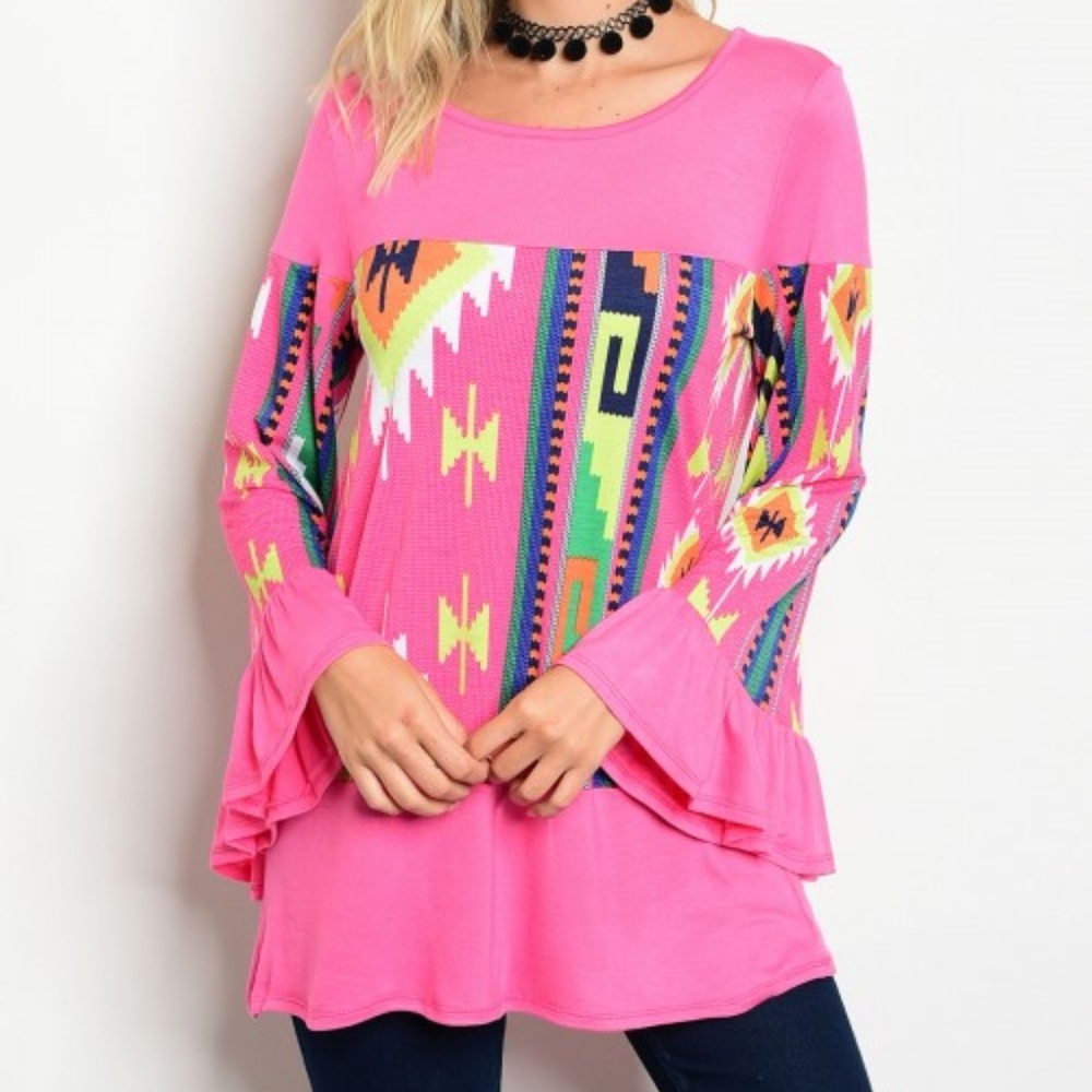 Hot Pink Aztec Print flared sleeve top